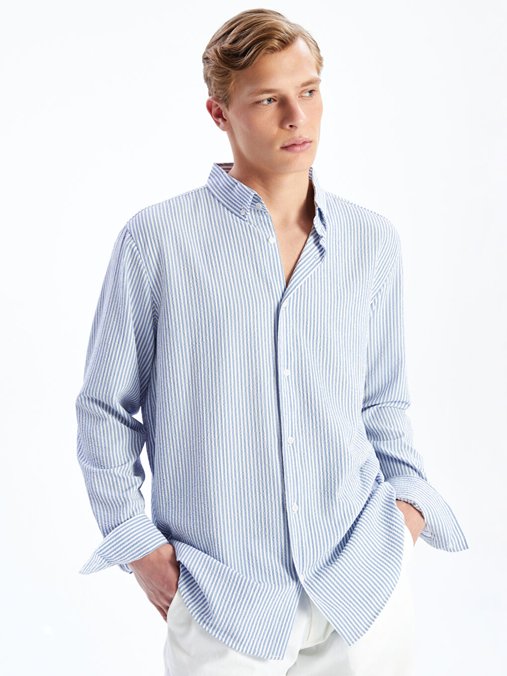 Slim Fit Long Sleeve Striped Dobby Men's Shirt -S60098Z8-S0S