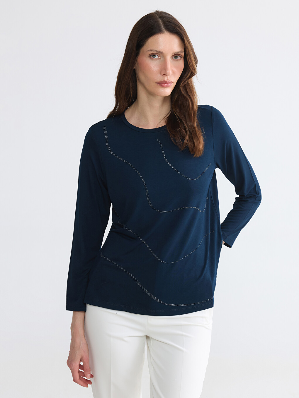 Crew Neck Rhinestone Embellished Blouse