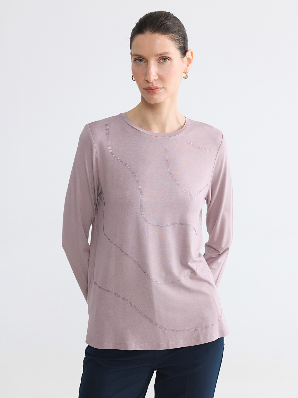 Crew Neck Rhinestone Embellished Blouse