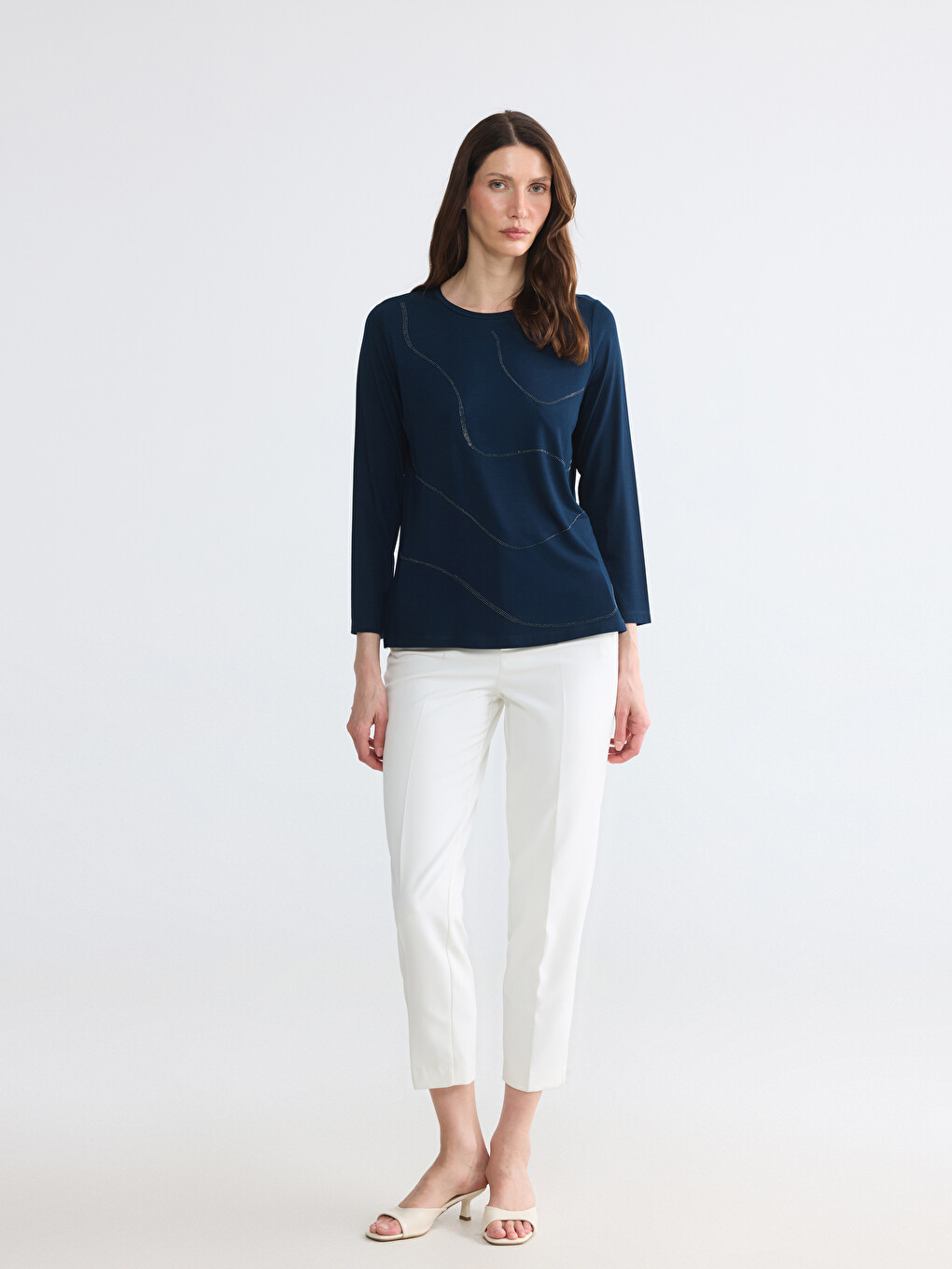 Crew Neck Rhinestone Embellished Blouse-1