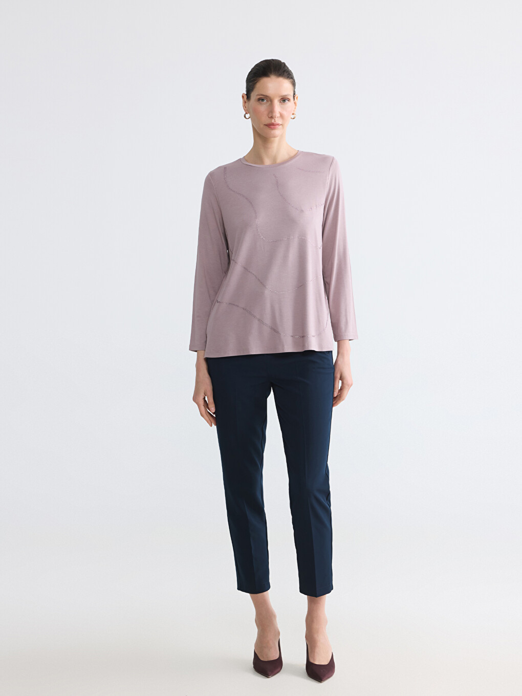 Crew Neck Rhinestone Embellished Blouse-1