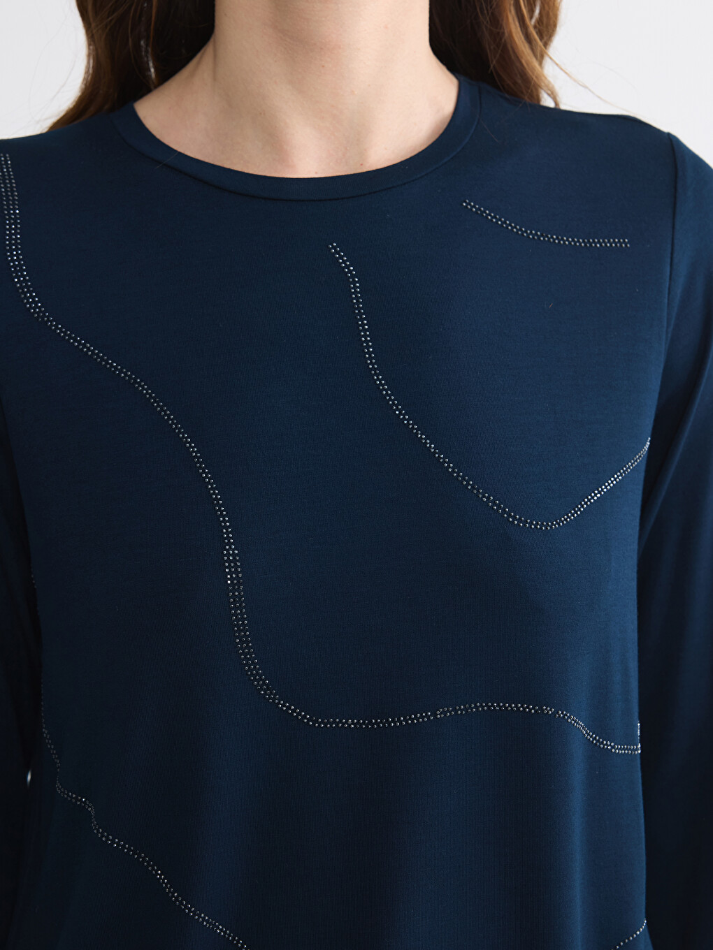 Crew Neck Rhinestone Embellished Blouse-2