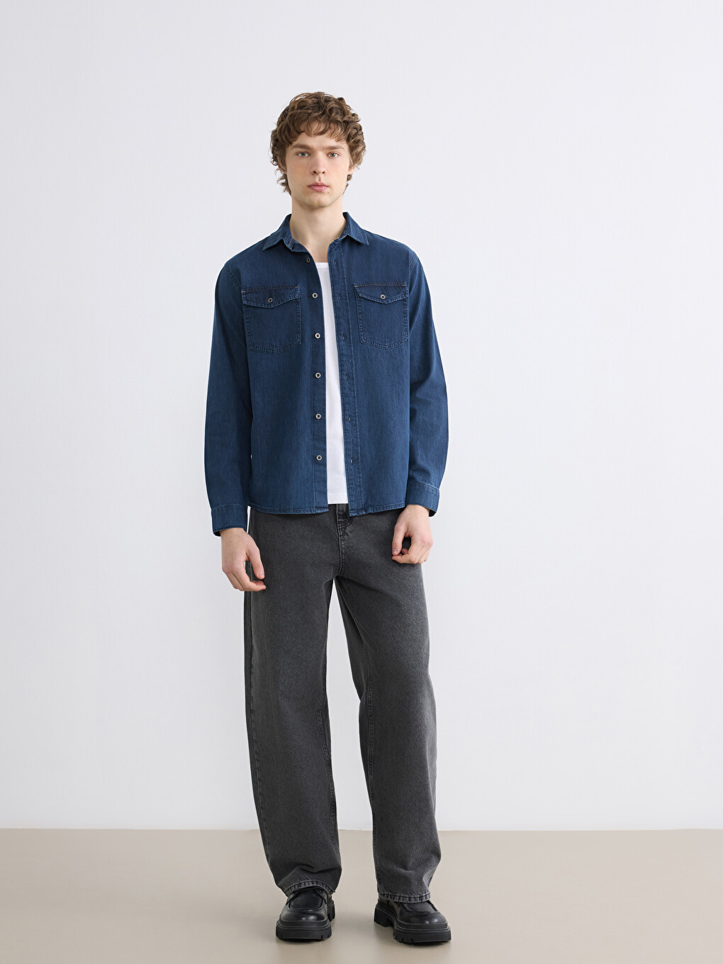 İndigo Regular Fit Uzun Kollu Erkek Jean Gömlek-1