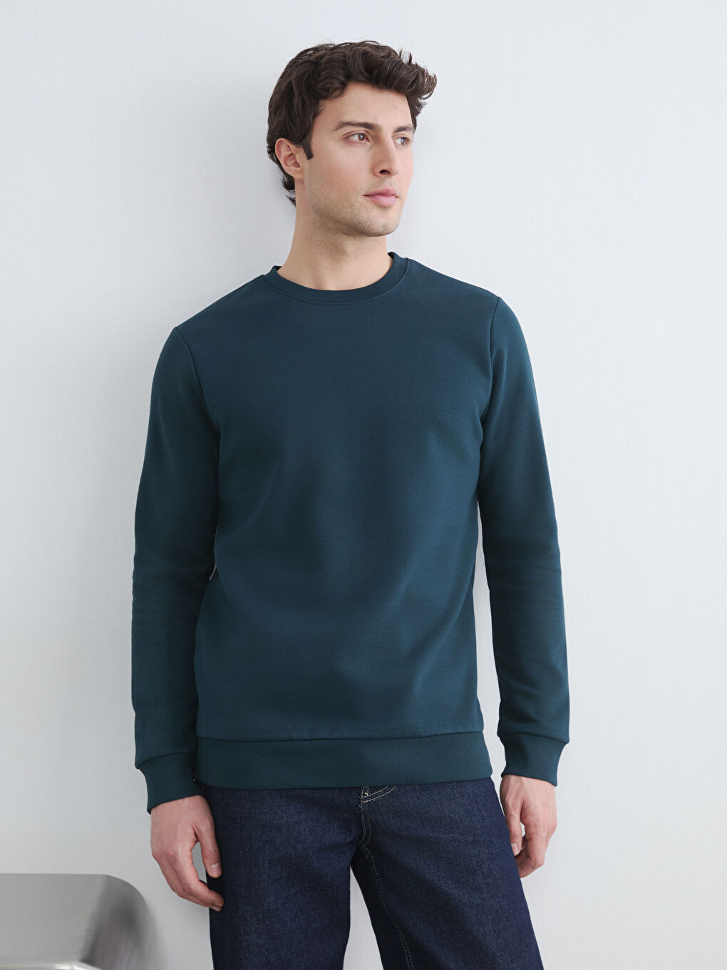 Petrol Bisiklet Yaka Erkek Kalın Sweatshirt