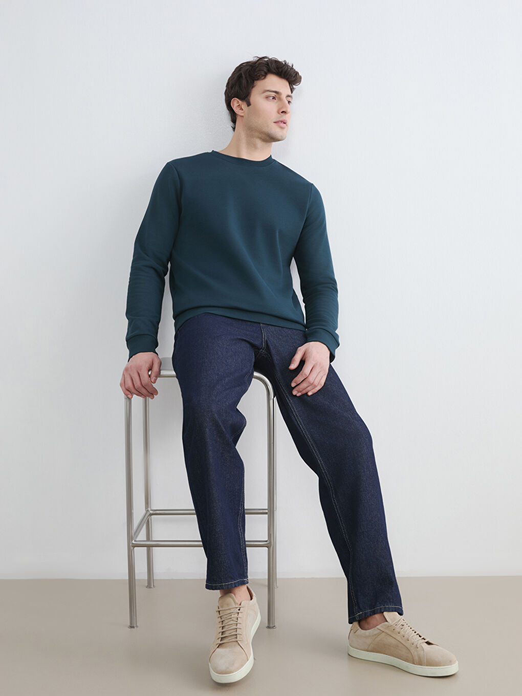 Petrol Bisiklet Yaka Erkek Kalın Sweatshirt-2