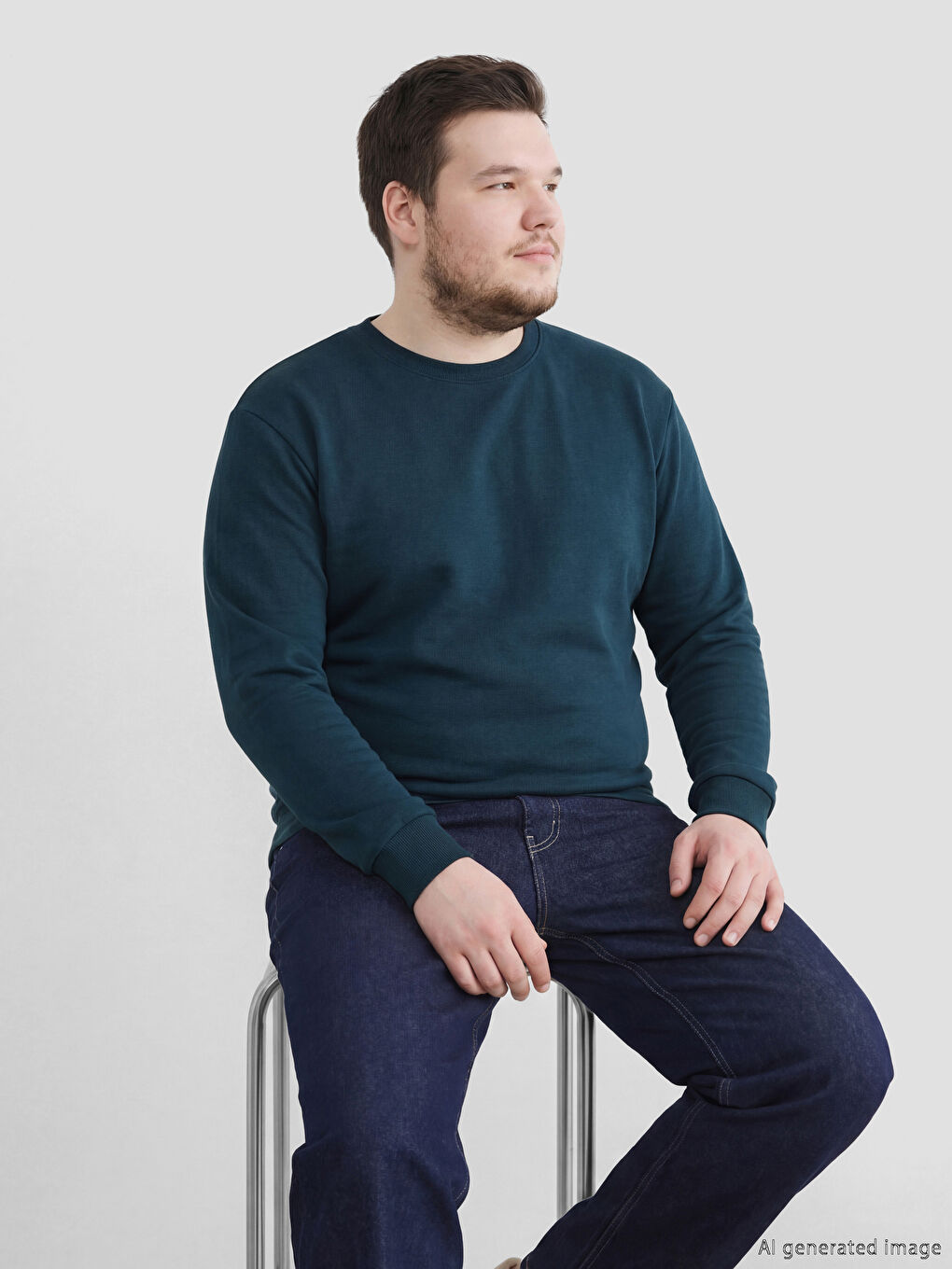 Petrol Bisiklet Yaka Erkek Kalın Sweatshirt-1