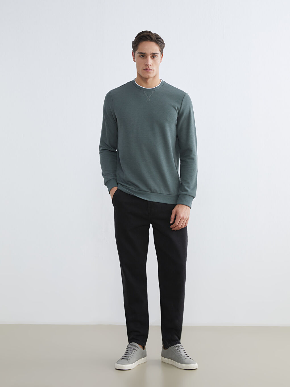 Yeşil Bisiklet Yaka Erkek Sweatshirt-1