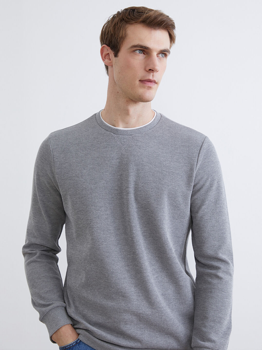 Gri Bisiklet Yaka Erkek Sweatshirt-1