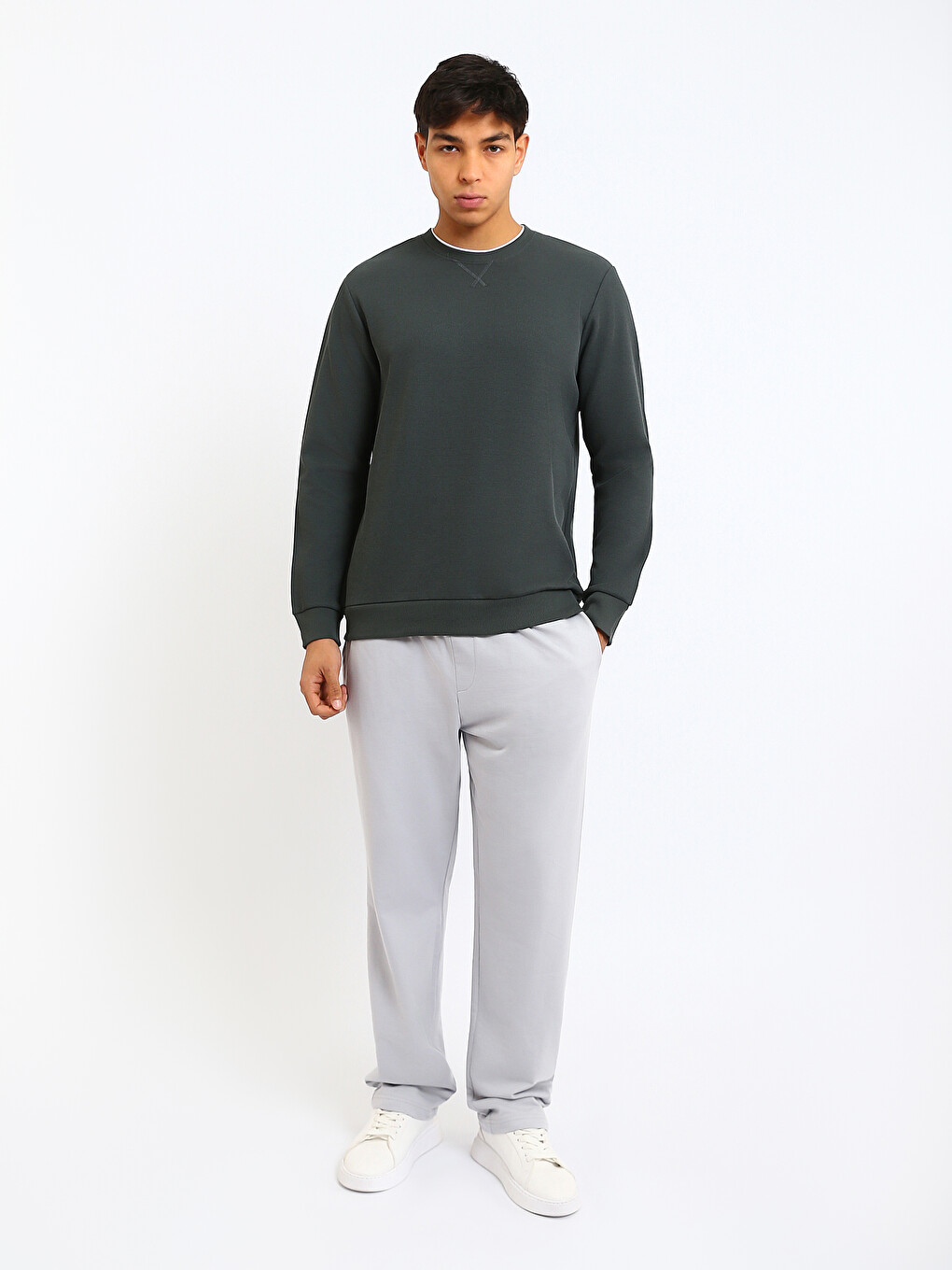 Yeşil Bisiklet Yaka Erkek Sweatshirt-1