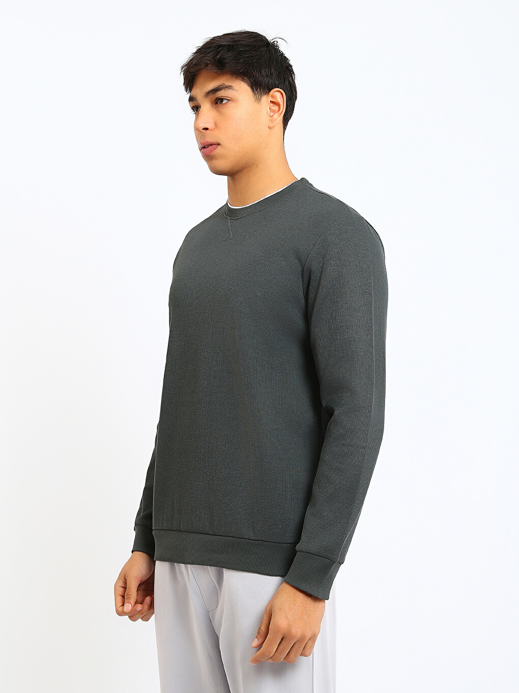 Yeşil Bisiklet Yaka Erkek Sweatshirt-3
