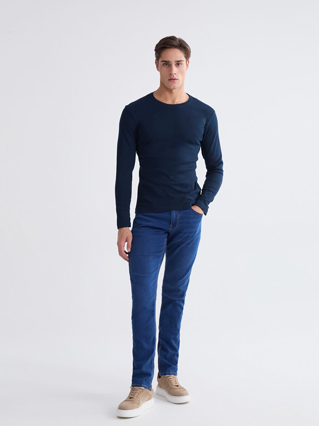 Lacivert Bisiklet Yaka Uzun Kollu Erkek Tişört-1