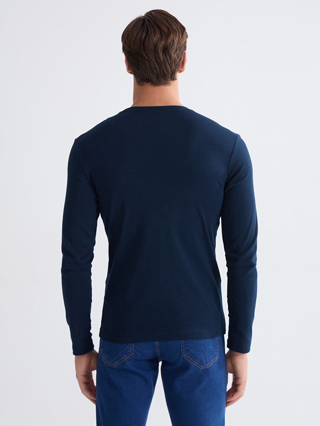 Lacivert Bisiklet Yaka Uzun Kollu Erkek Tişört-3