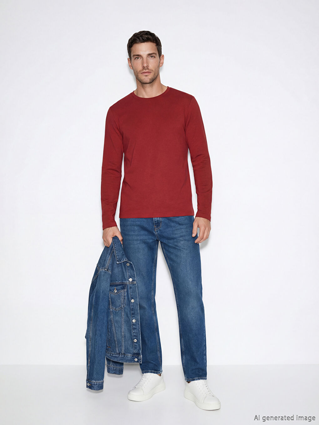 Bordo Bisiklet Yaka Uzun Kollu Erkek Tişört-1