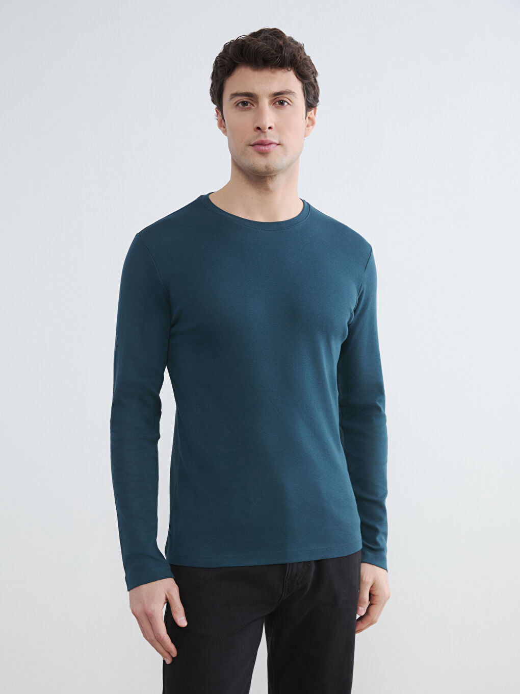 Petrol Bisiklet Yaka Uzun Kollu Erkek Tişört