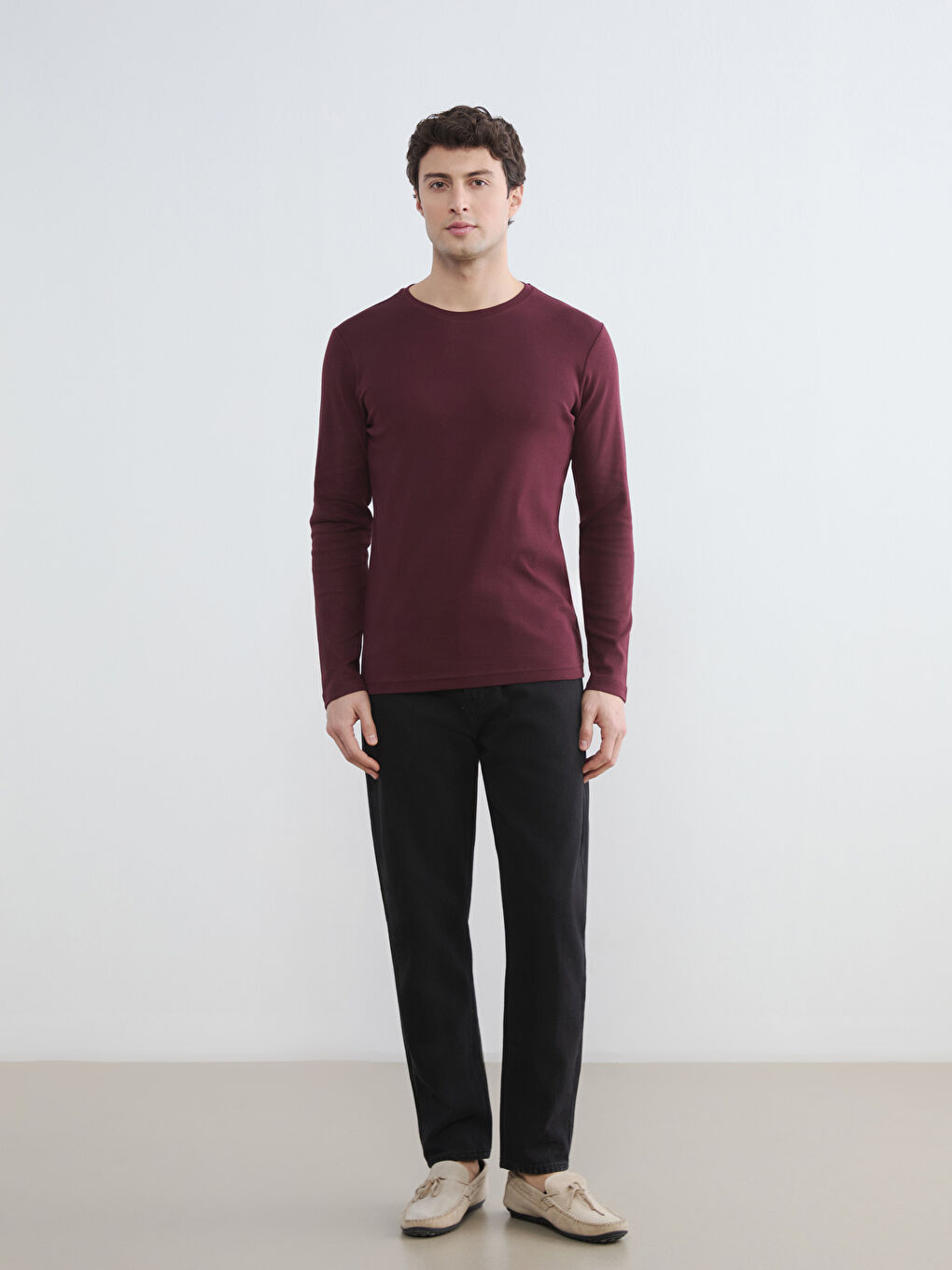 Bordo Bisiklet Yaka Uzun Kollu Erkek Tişört-2