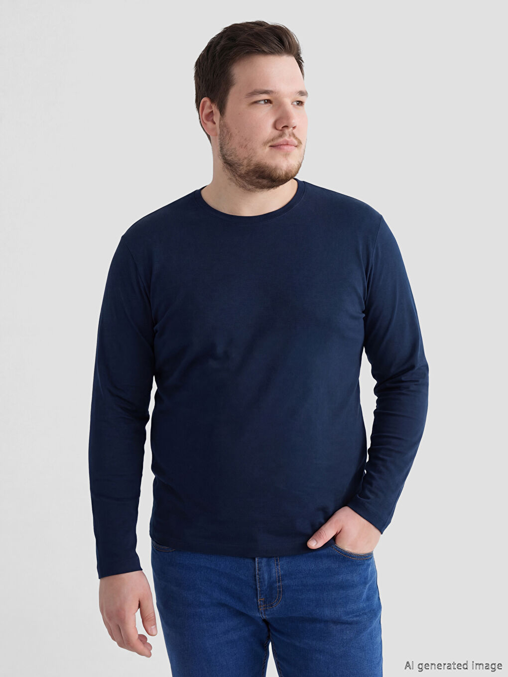 Lacivert Bisiklet Yaka Uzun Kollu Erkek Tişört-1