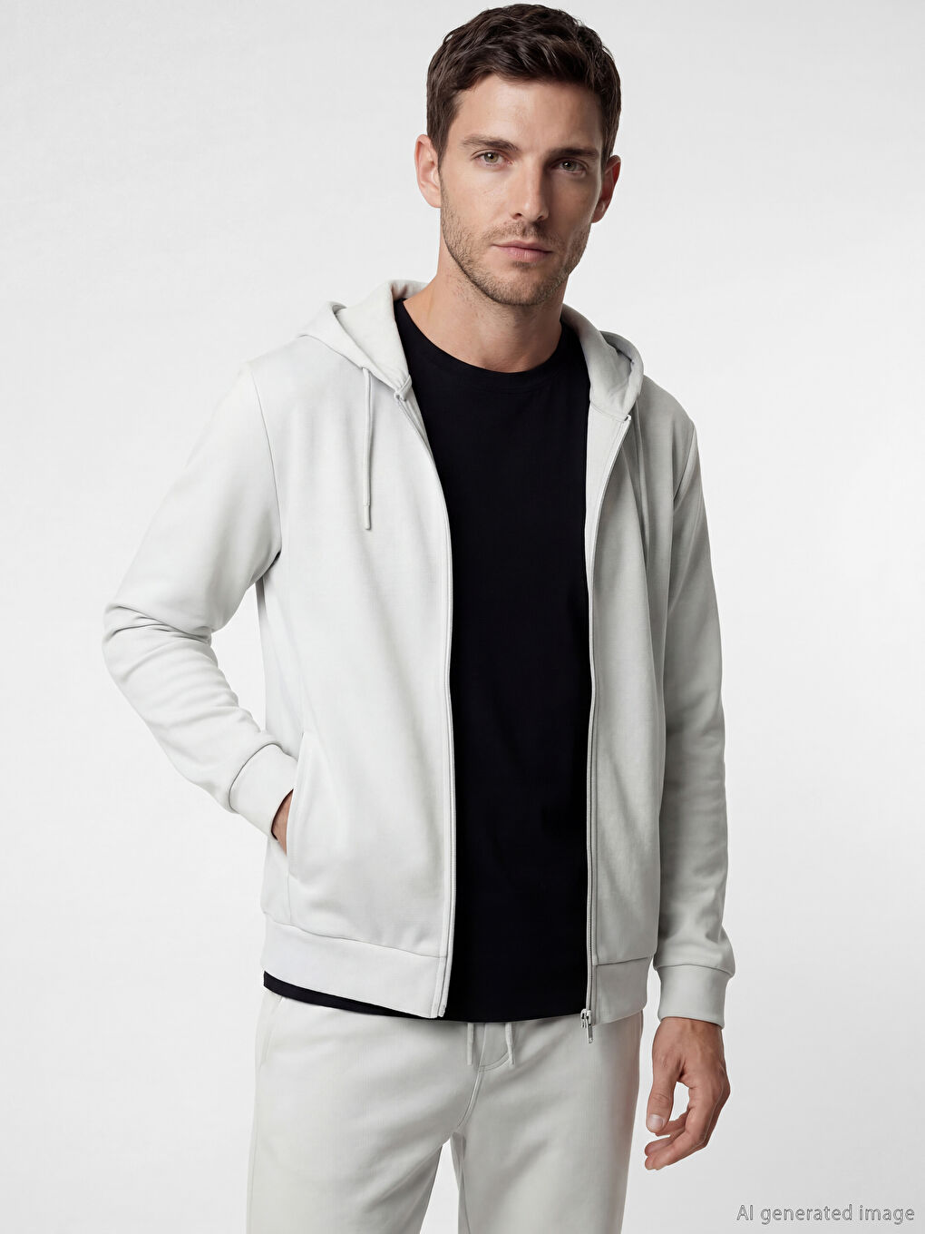 Gri Kapüşonlu Erkek Fermuarlı Sweatshirt