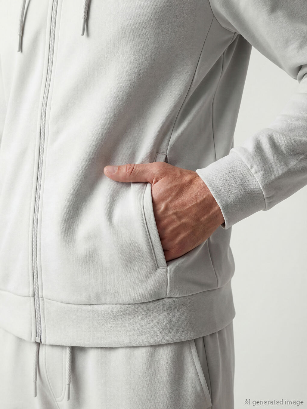 Gri Kapüşonlu Erkek Fermuarlı Sweatshirt-2