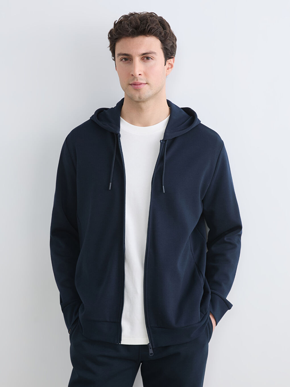 Lacivert Kapüşonlu Erkek Fermuarlı Sweatshirt