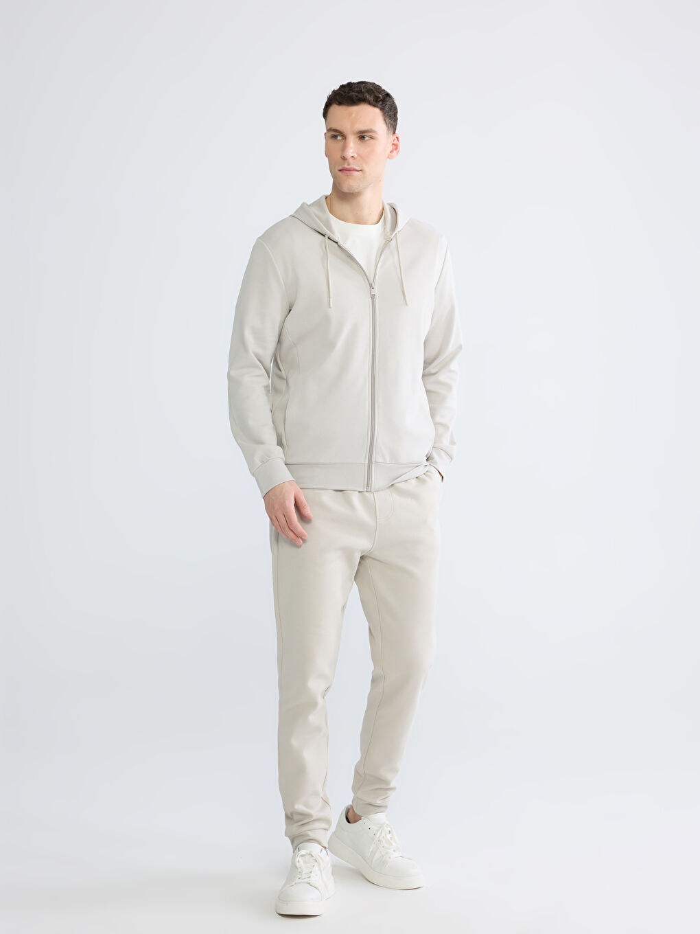 Bej Kapüşonlu Erkek Fermuarlı Sweatshirt-2