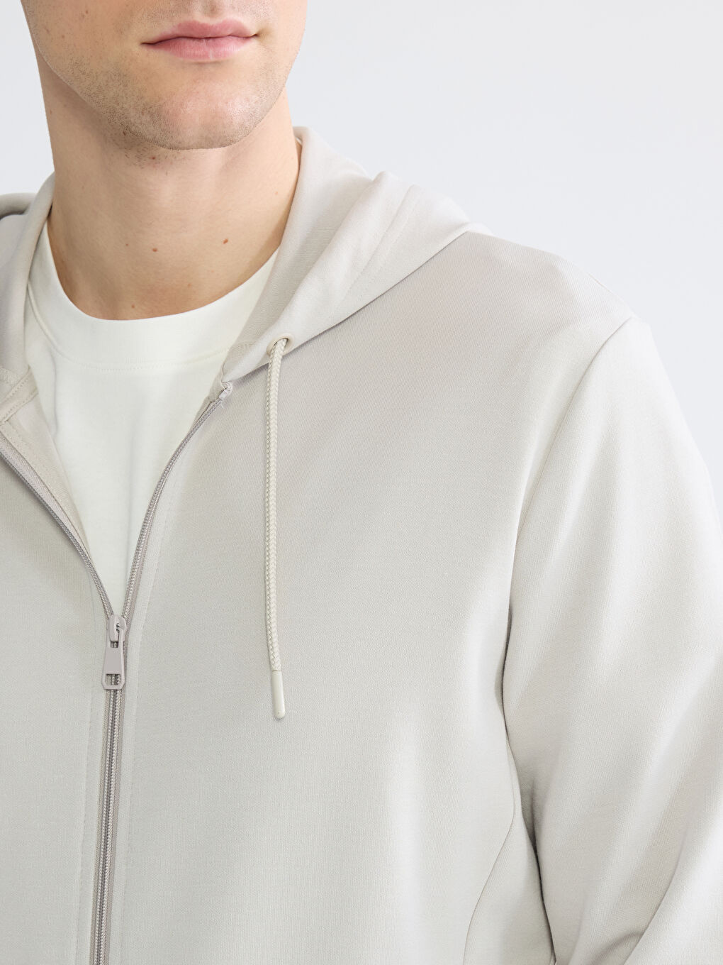 Bej Kapüşonlu Erkek Fermuarlı Sweatshirt-3