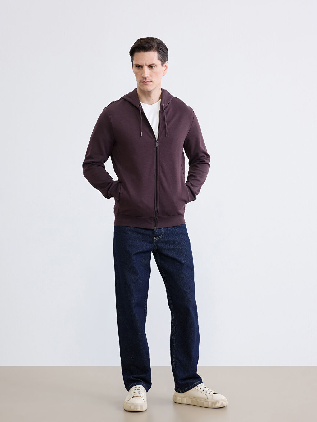 Mürdüm Kapüşonlu Erkek Fermuarlı Sweatshirt-1