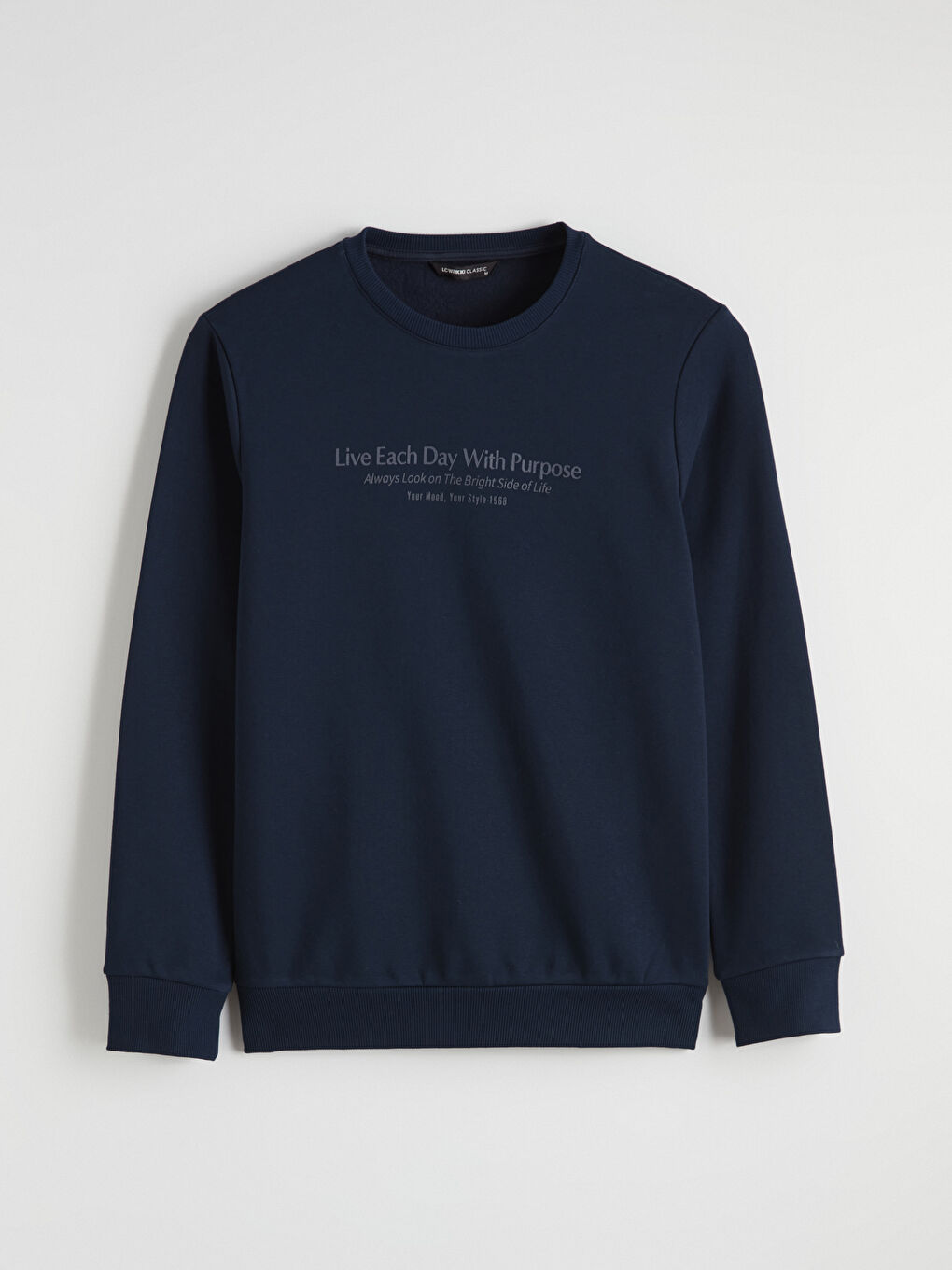 Lacivert Bisiklet Yaka Baskılı Erkek Kalın Sweatshirt