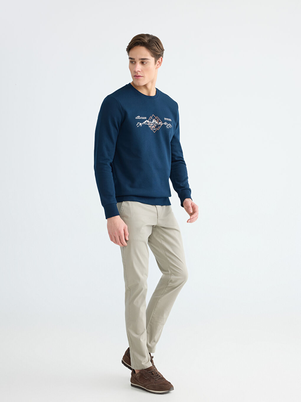 Lacivert Bisiklet Yaka Baskılı Erkek Kalın Sweatshirt-1