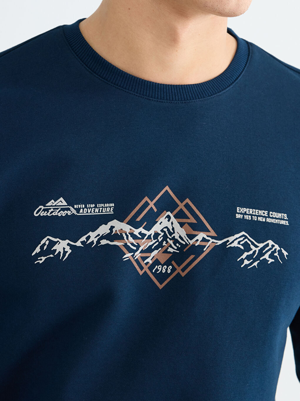 Lacivert Bisiklet Yaka Baskılı Erkek Kalın Sweatshirt-2