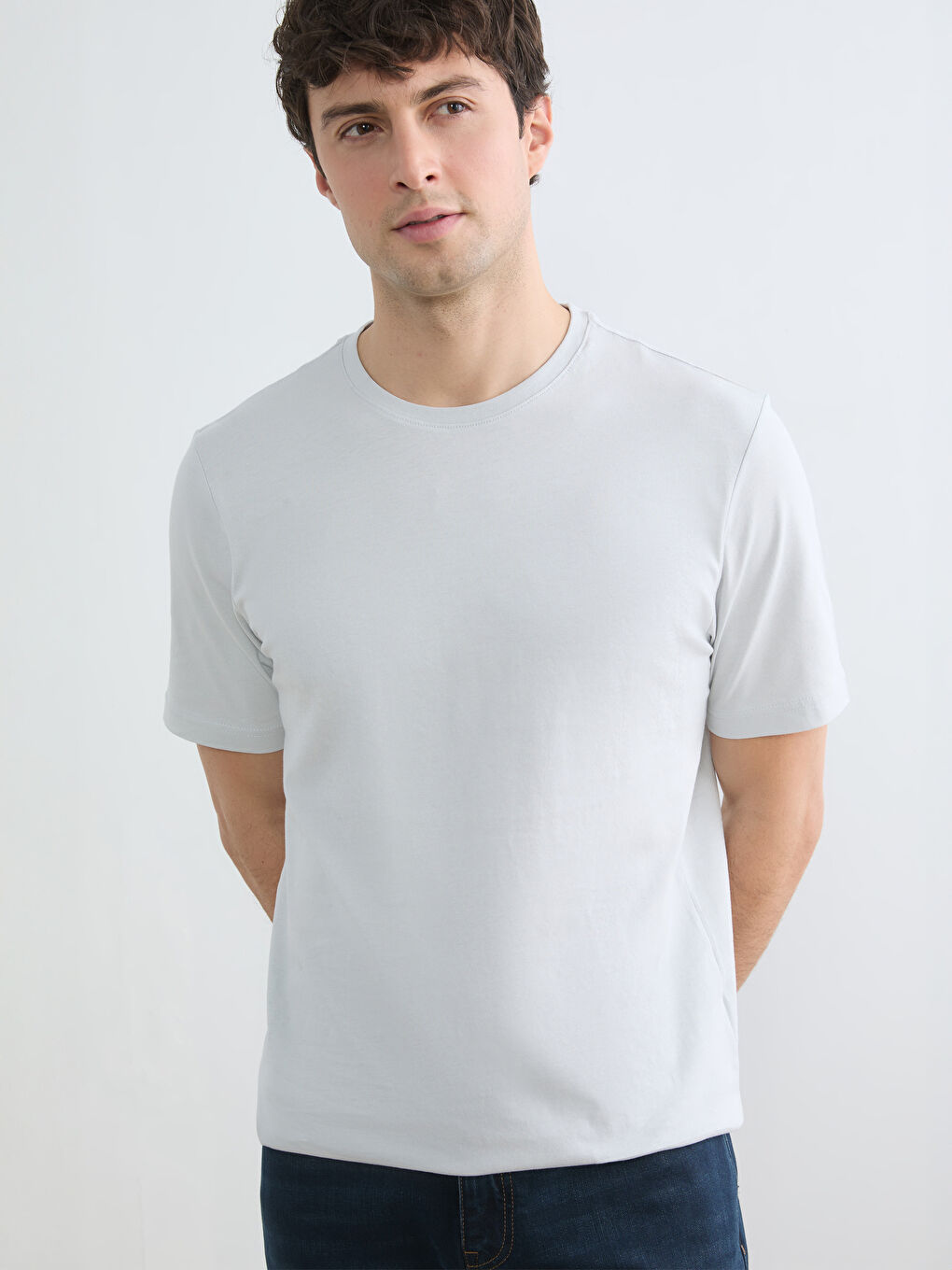 Gri Bisiklet Yaka Penye Erkek Tişört-1