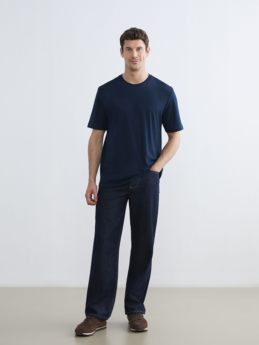 Lacivert Bisiklet Yaka Penye Erkek Tişört-1