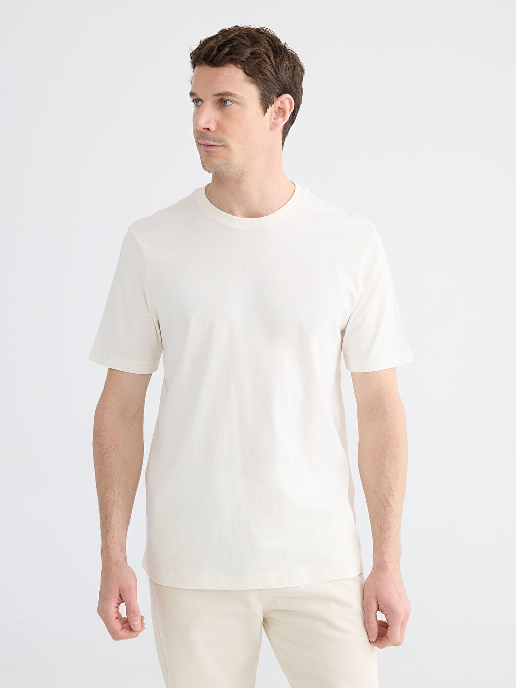 Ekru Bisiklet Yaka Erkek Penye Tişört-2