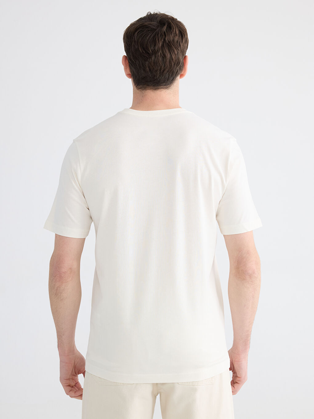 Ekru Bisiklet Yaka Erkek Penye Tişört-4