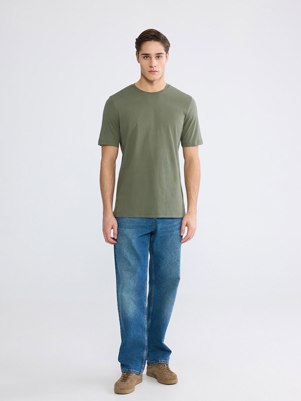 Haki Bisiklet Yaka Penye Erkek Tişört-1