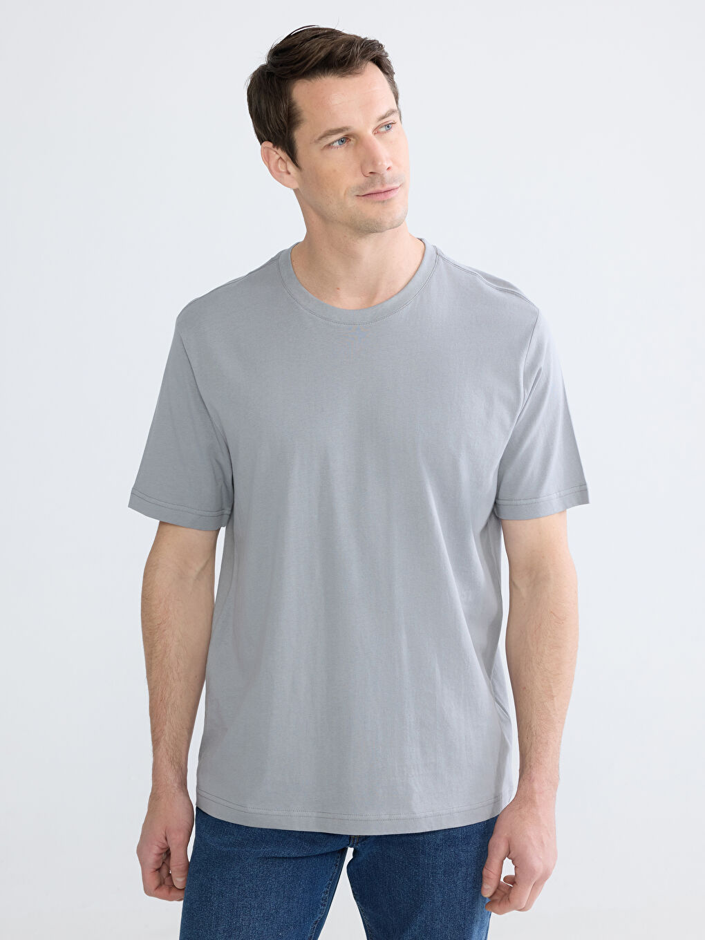 Gri Bisiklet Yaka Penye Erkek Tişört