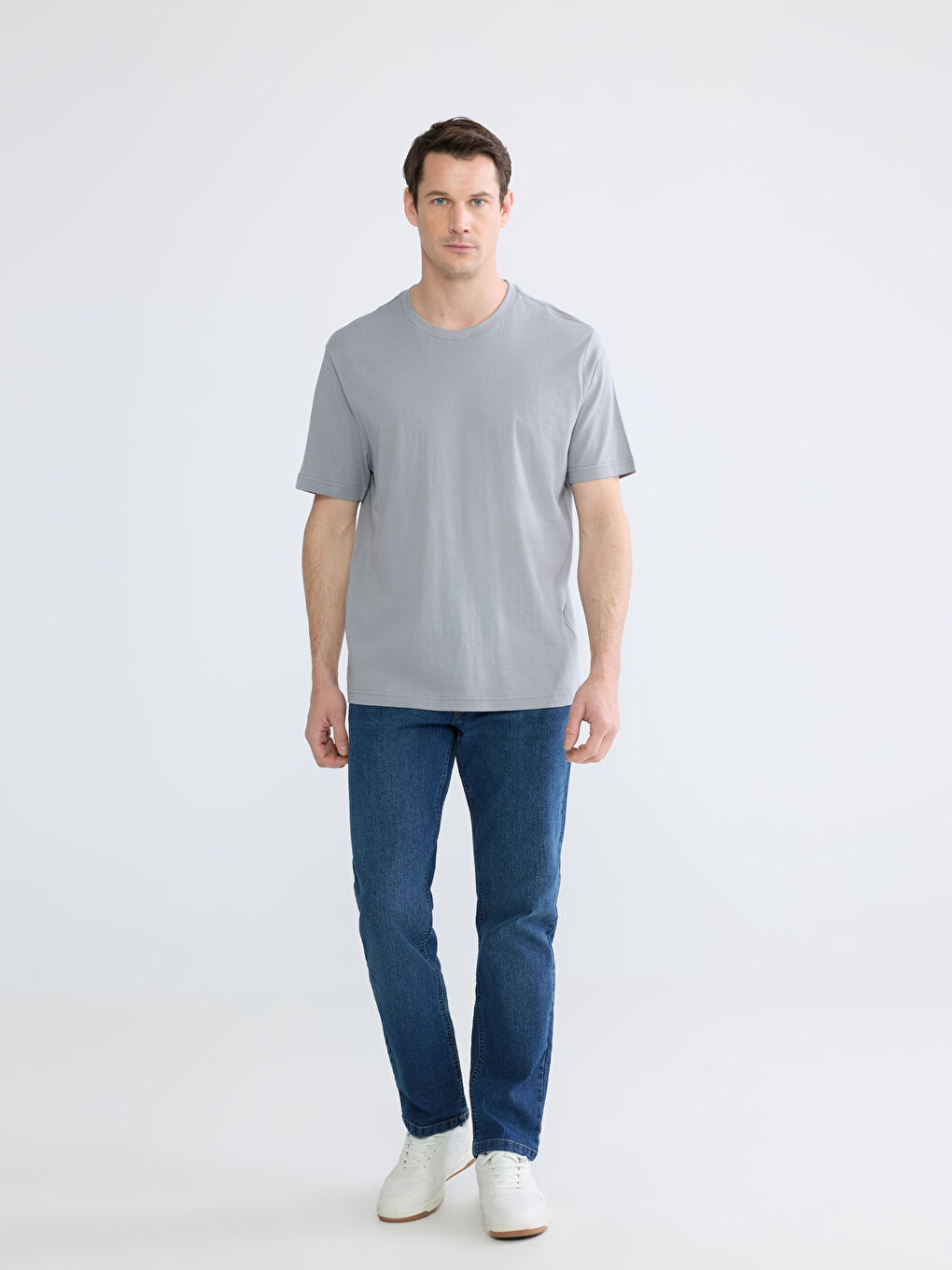 Gri Bisiklet Yaka Penye Erkek Tişört-1