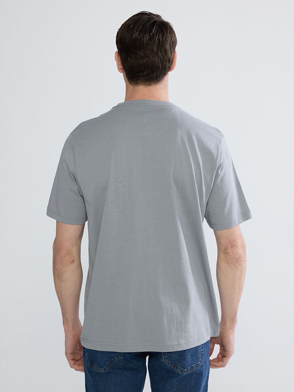 Gri Bisiklet Yaka Penye Erkek Tişört-3