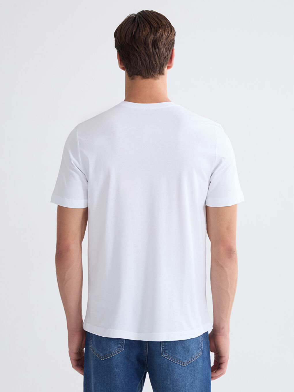 Beyaz Bisiklet Yaka Penye Erkek Tişört-3