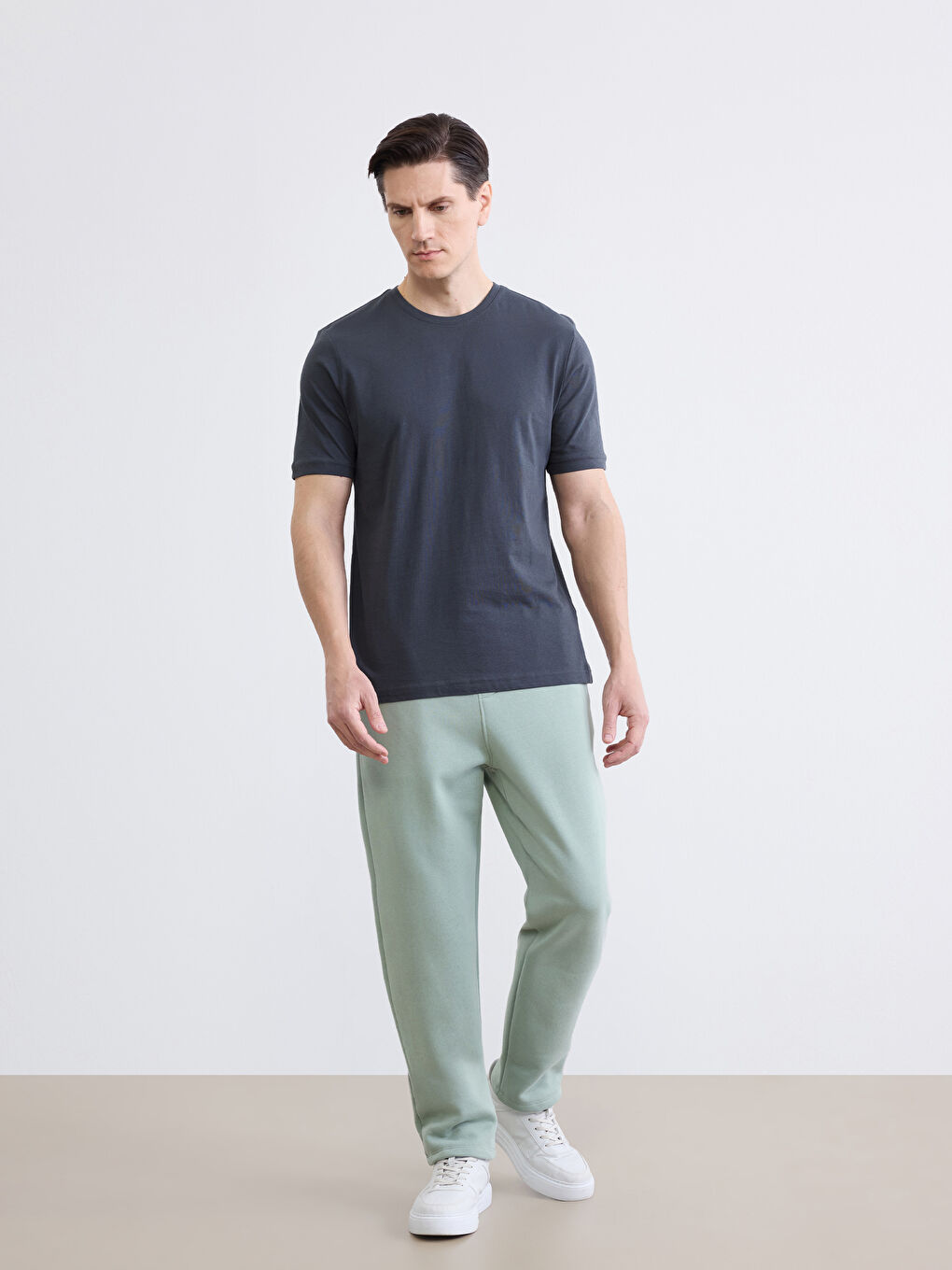 Antrasit Bisiklet Yaka Erkek Penye Tişört-2