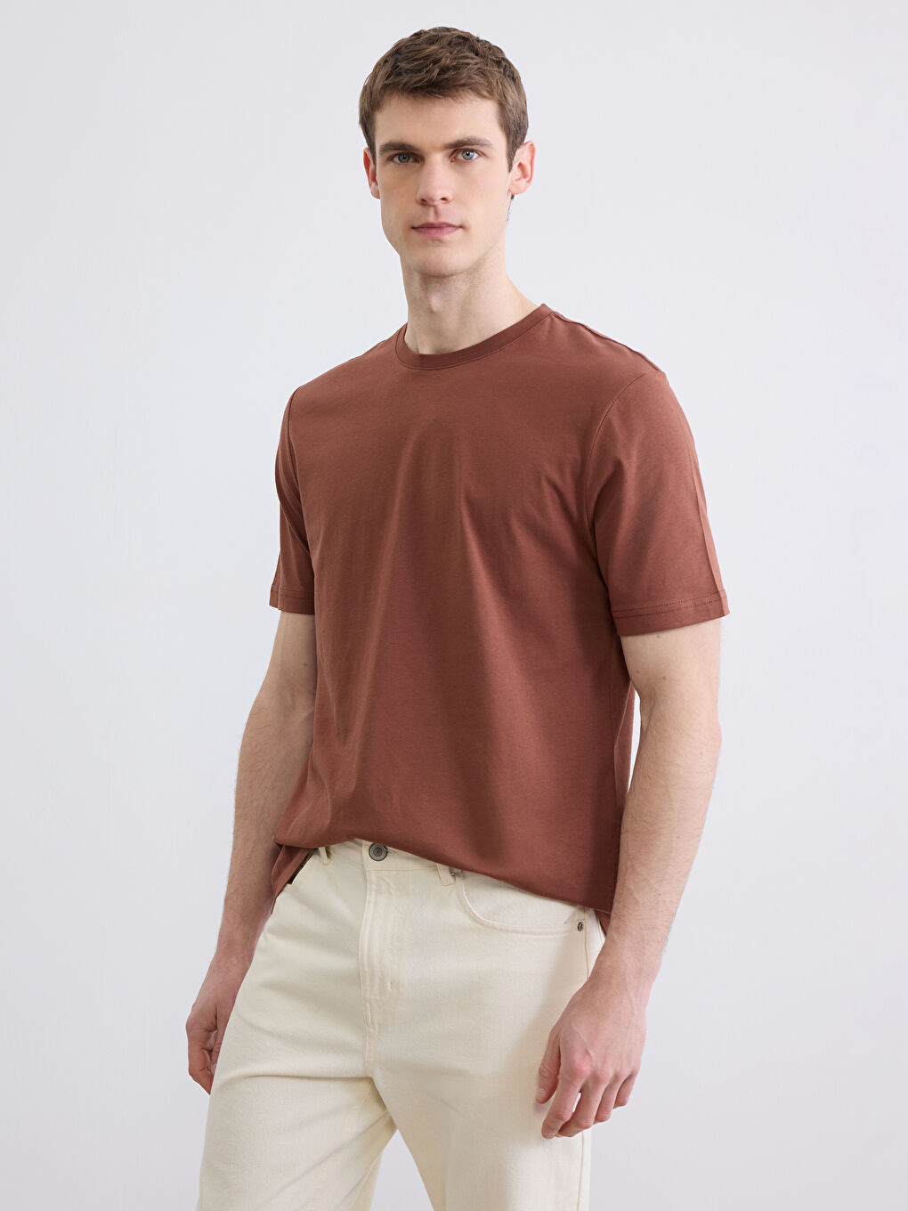 Kahverengi %100 Pamuk Regular Fit Basic Tişört-1