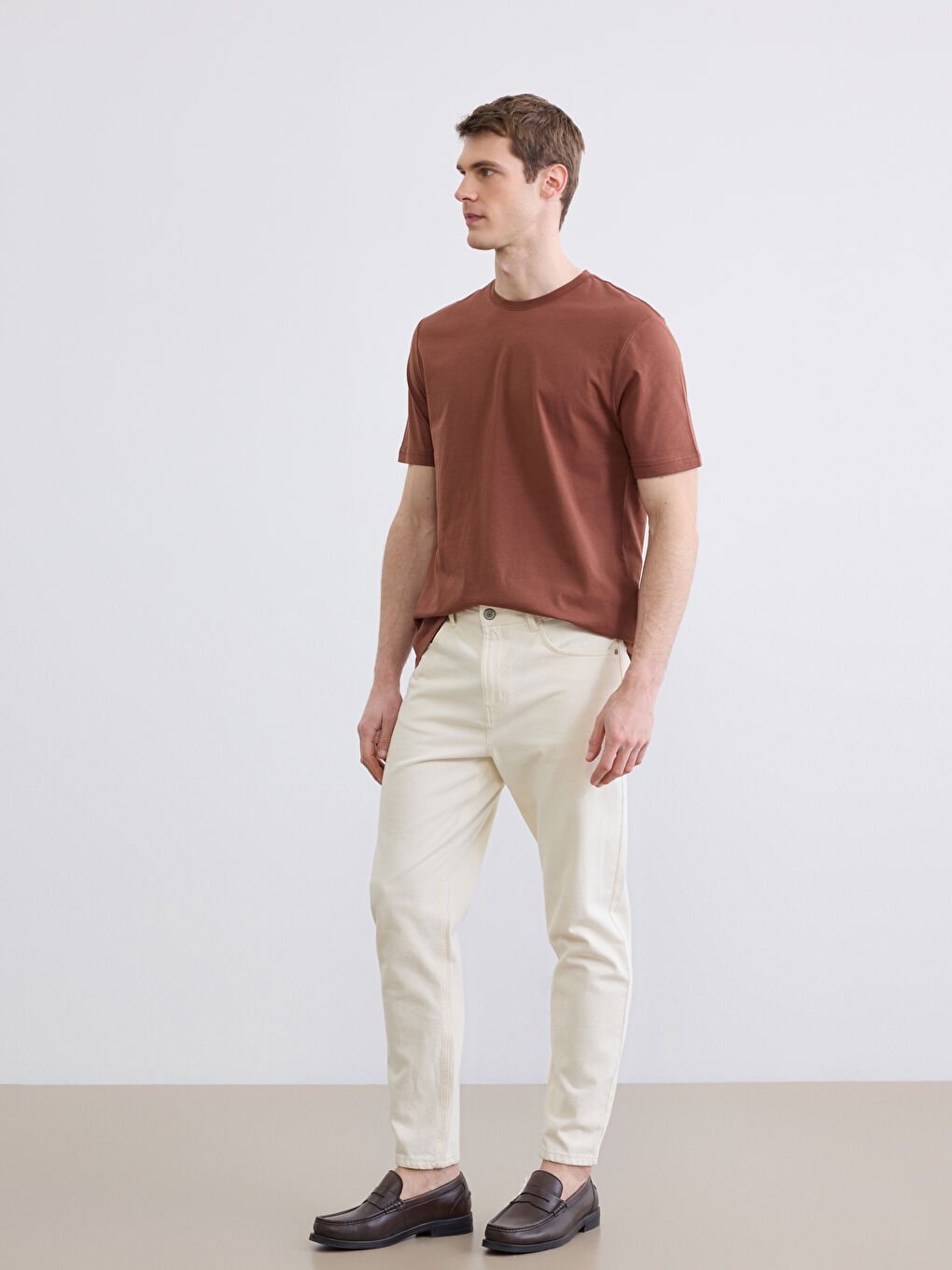 Kahverengi %100 Pamuk Regular Fit Basic Tişört-2