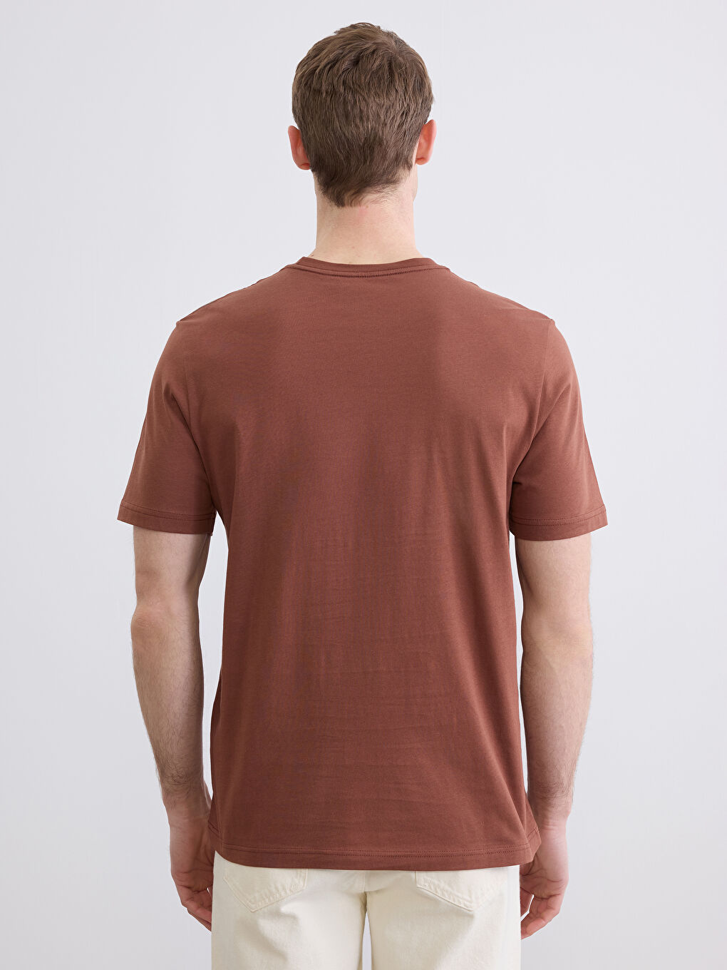Kahverengi %100 Pamuk Regular Fit Basic Tişört-4
