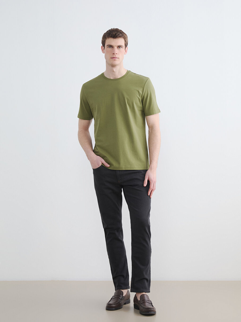 Haki %100 Pamuk Regular Fit Basic Tişört-1