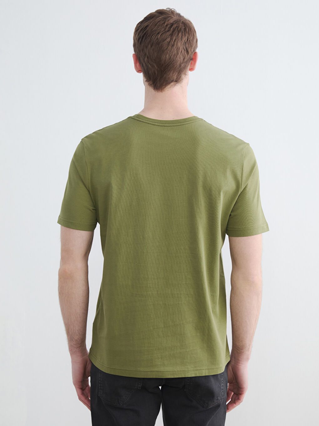 Haki %100 Pamuk Regular Fit Basic Tişört-3