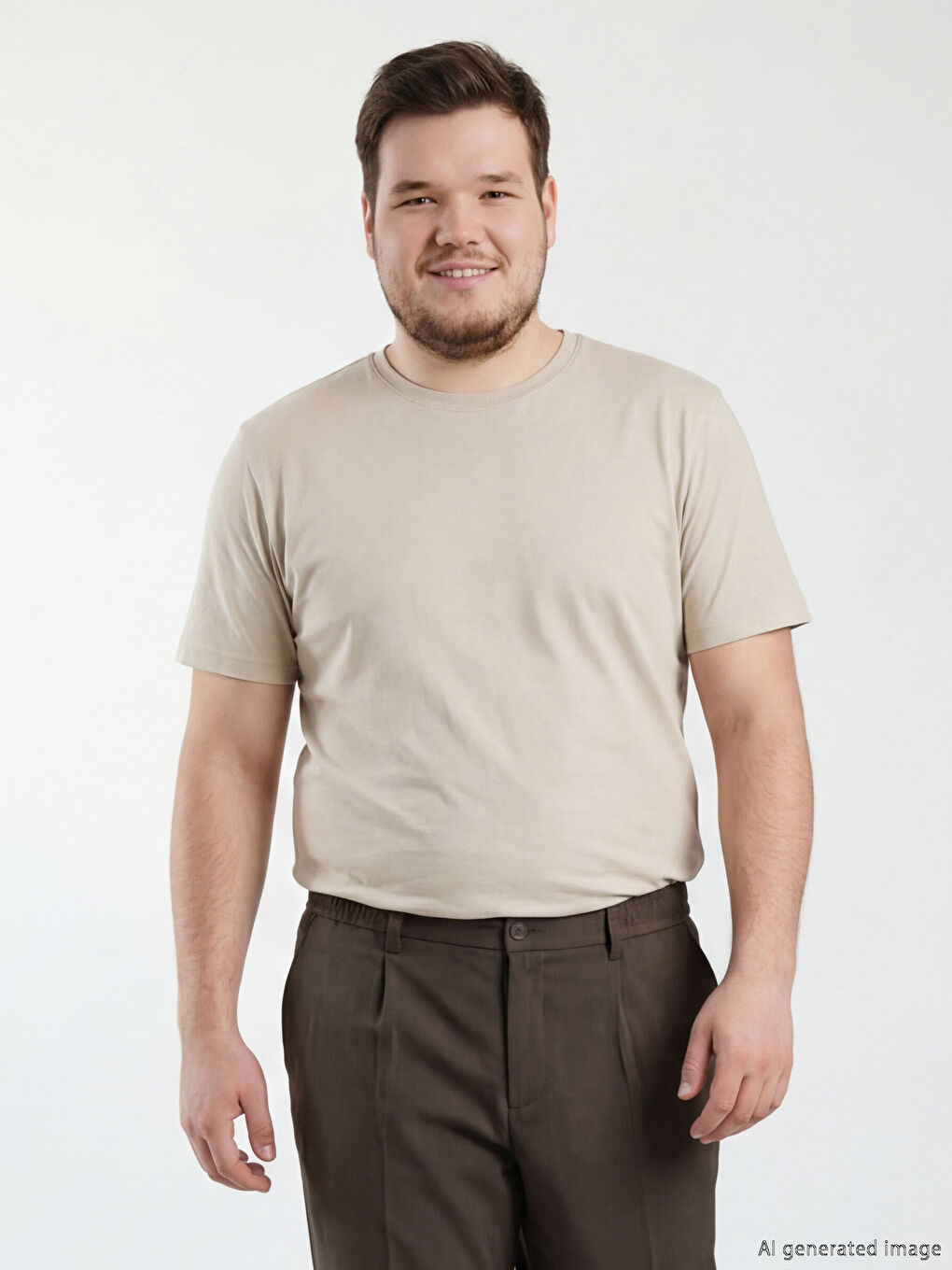 Bej Bisiklet Yaka Erkek Penye Tişört-1