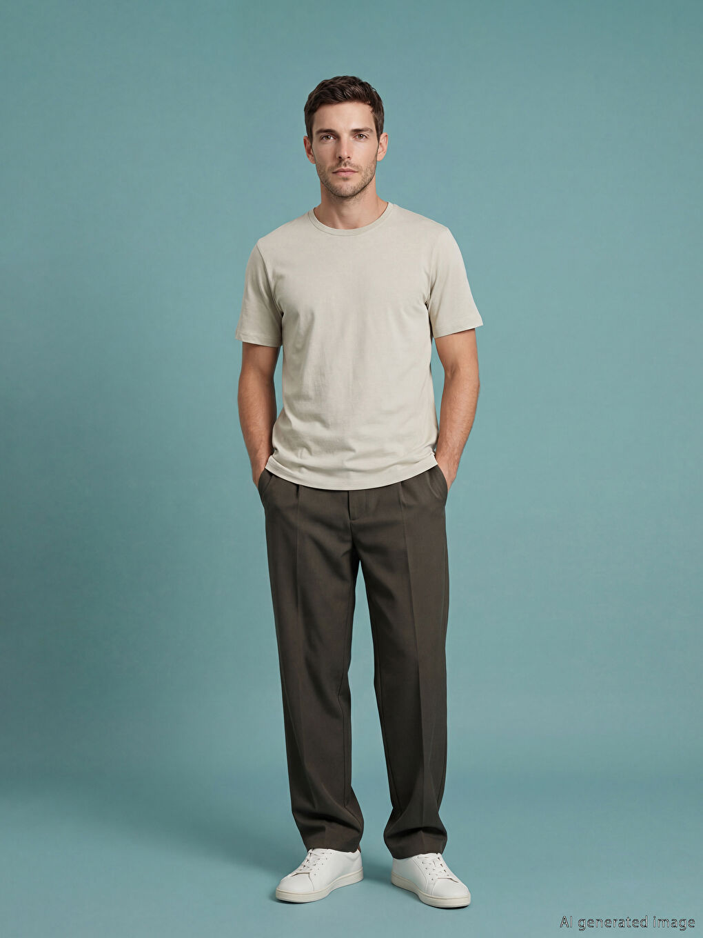 Bej Bisiklet Yaka Erkek Penye Tişört-2