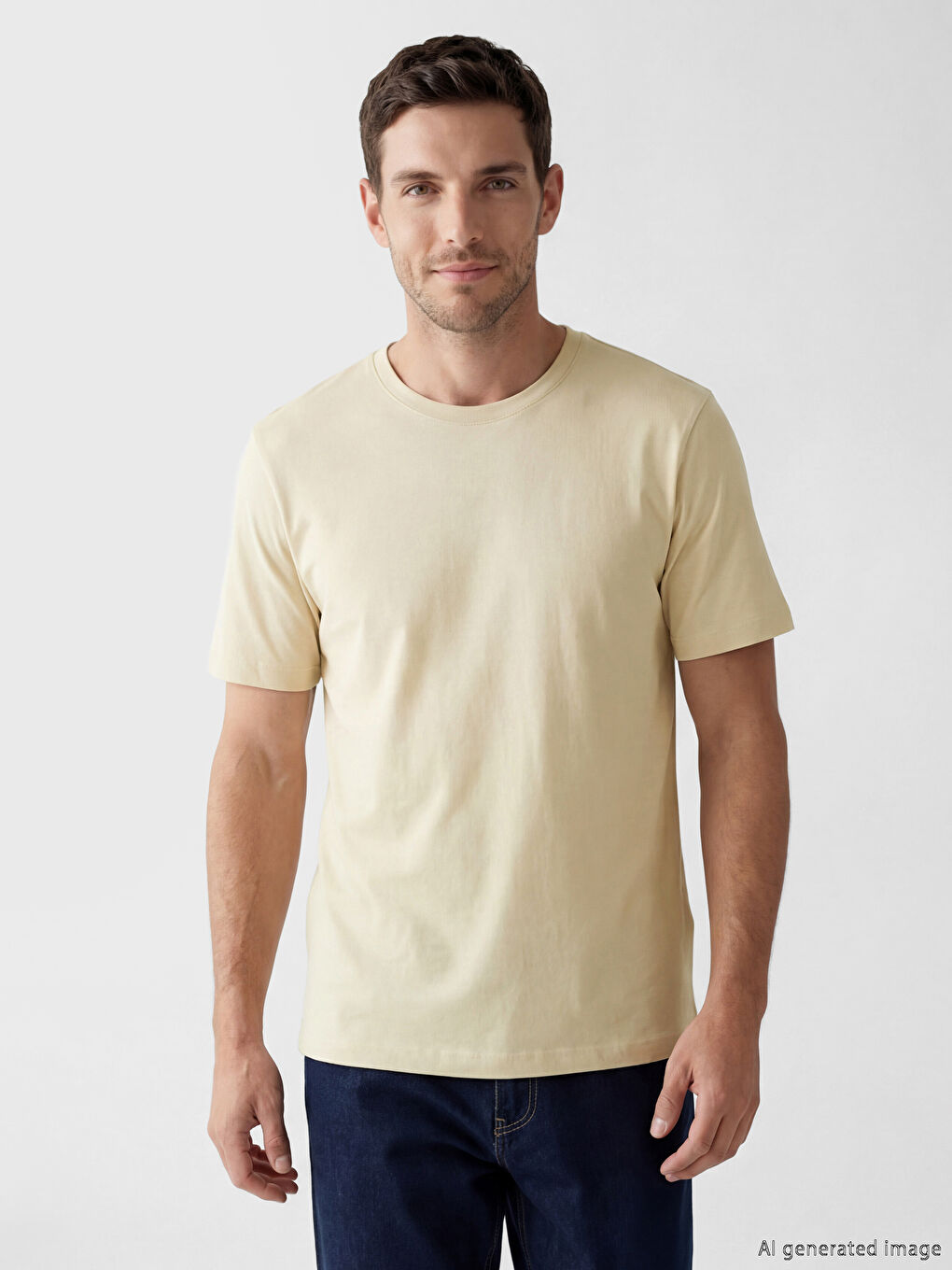 Bej Bisiklet Yaka Erkek Penye Tişört