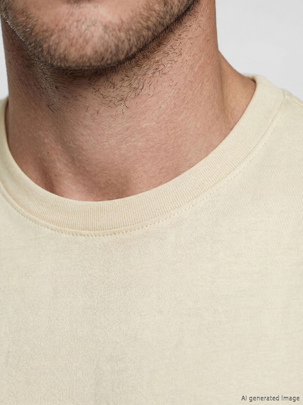 Bej Bisiklet Yaka Erkek Penye Tişört-2