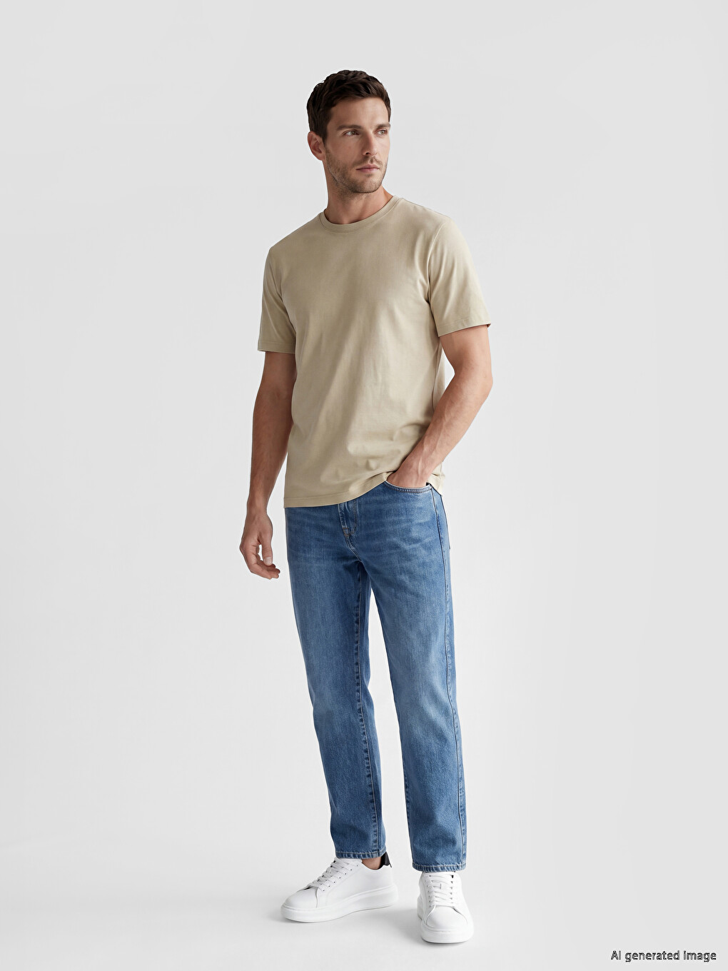 Bej %100 Pamuklu Regular Fit Basic Tişört-1
