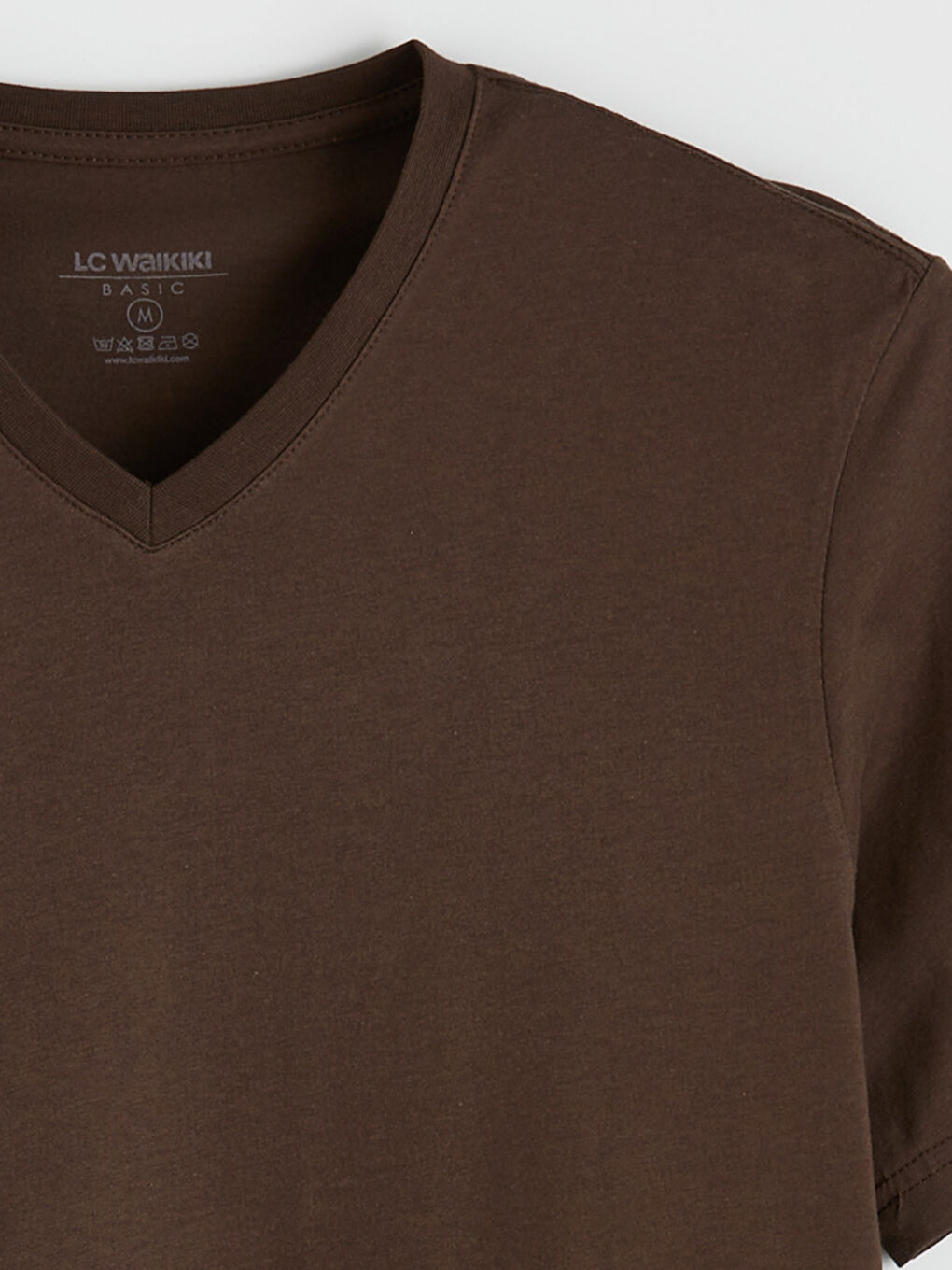 Kahverengi V Yaka Penye Erkek Tişört-5